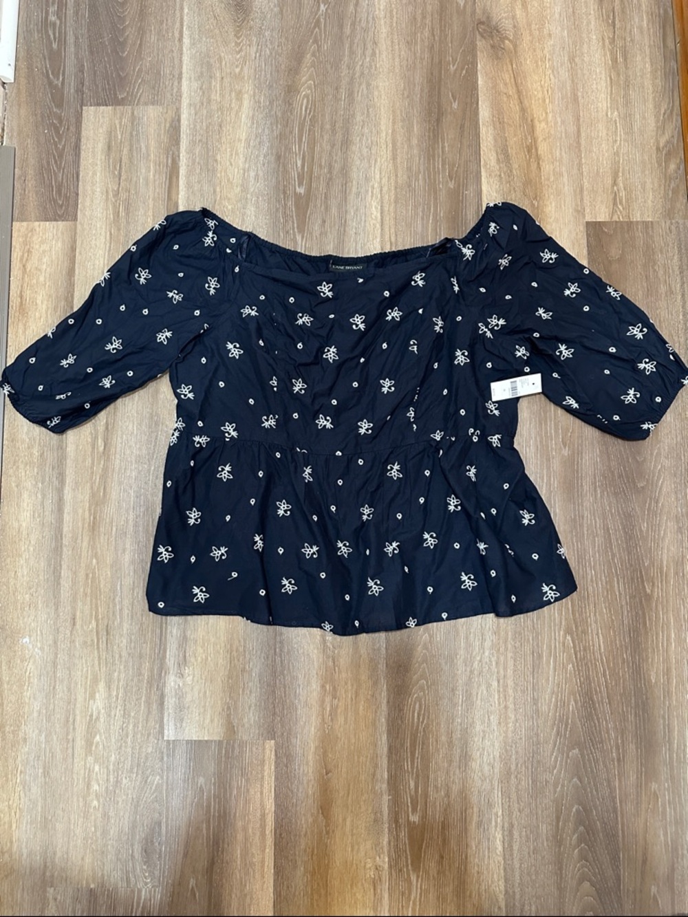 Lane Bryant Navy Blue Off-Shoulder Peplum Blouse with White Floral Print